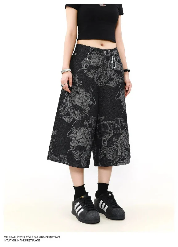 Chinese Style Full-Print Denim Shorts