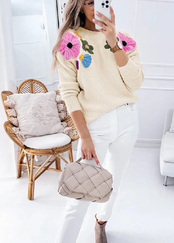 Beige 60s Flower Pattern Knitted Sweater