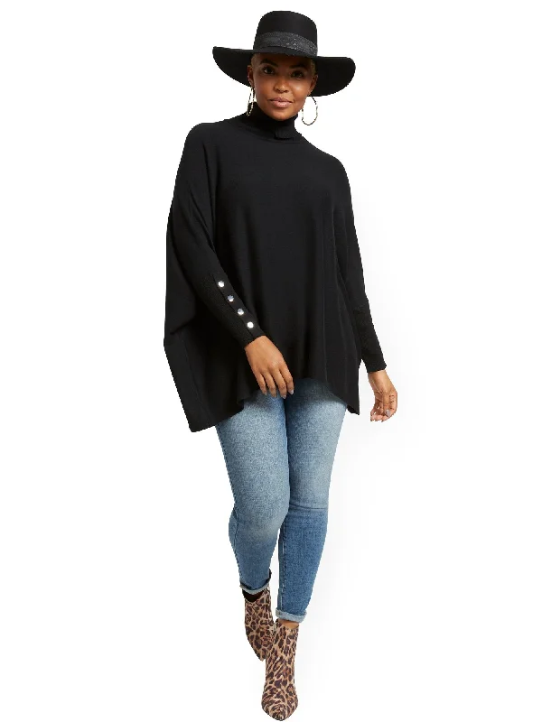 Button-Accent Turtleneck Dolman Sweater