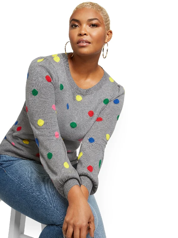 Dot-Print Puff-Sleeve Crewneck Sweater