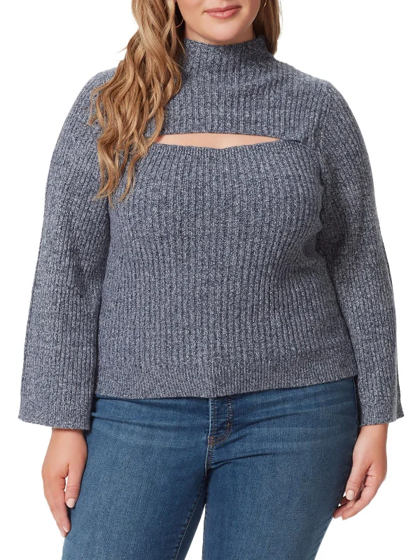 Plus Kaida Womens Ribbed Knit Cut-Out Funnel-Neck Sweater