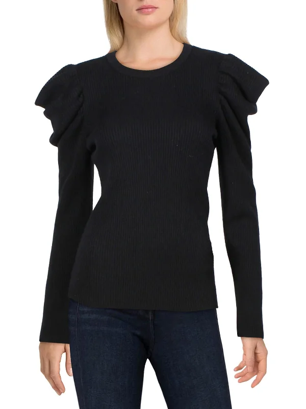 Womens Wool Blend Puff Sleeve Crewneck Sweater