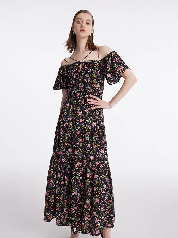 16 Momme Mulberry Silk Rose Print Off Shoulder Women Maxi Dress