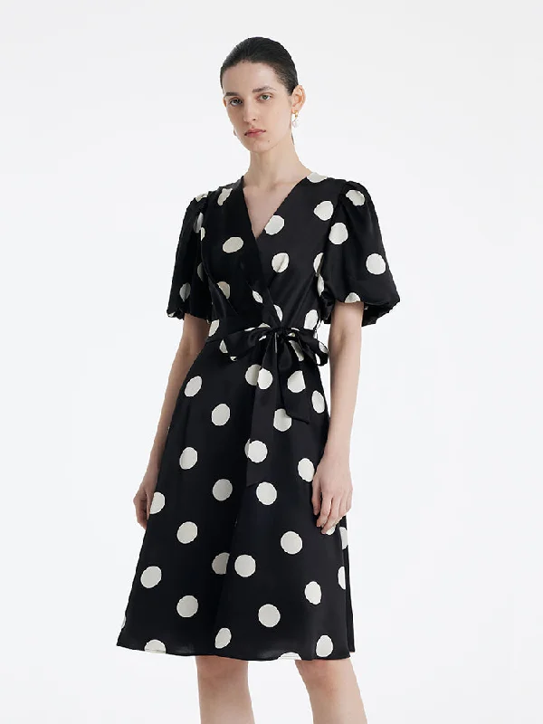 Acetate Polka Dots Print Women Mini Dress With Belt