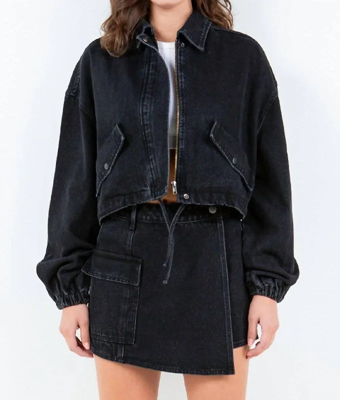 Cropped Denim Jacket With Drawstring Waist In Black