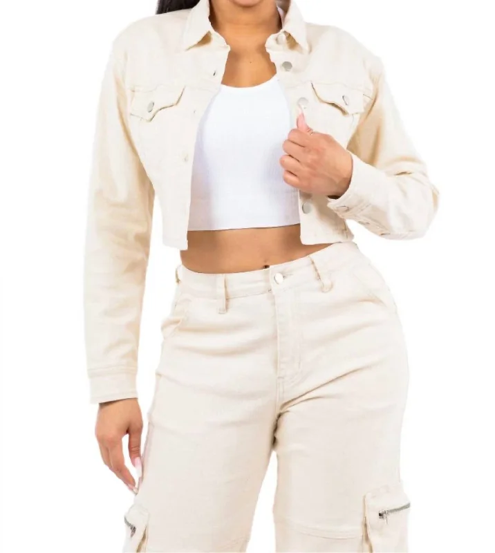 Cropped Lace-Up Jacket With Button Front In Ivory