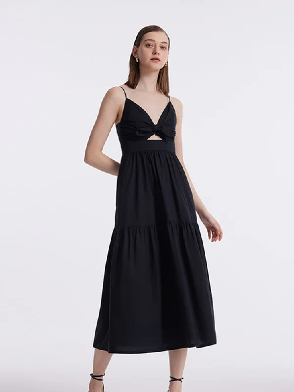 Cut-out Spaghetti Strap Bowknot Tied Maxi Dress