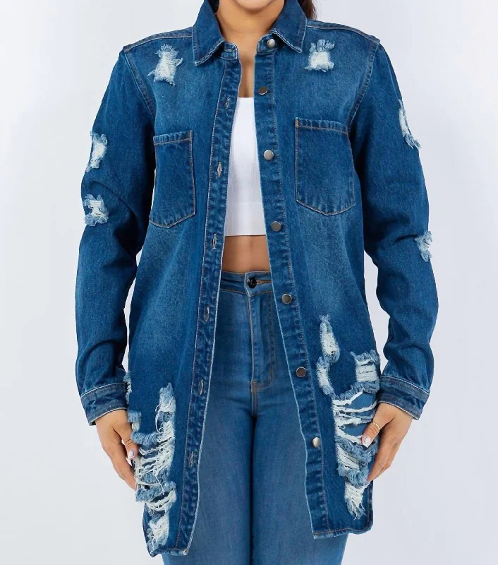 Distressed Button Up Long Sleeve Denim Jacket In Blue