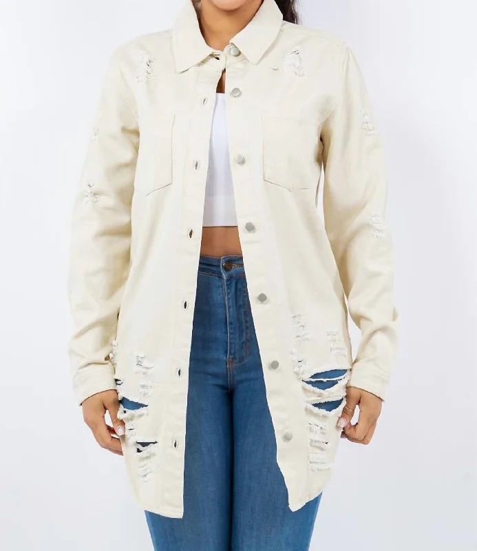 Edgy Distressed Denim Jacket In Ivory