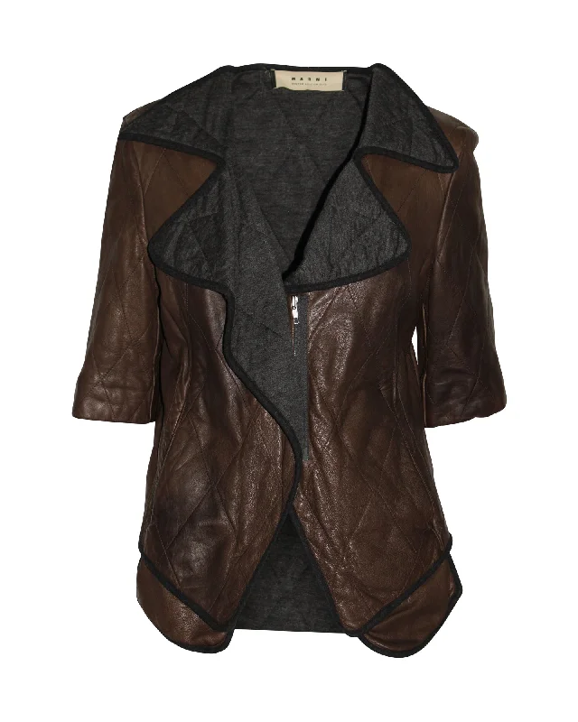 Marni Two-Tone Oversized Lapel Quilted Jacket in Brown Sheepskin Leather