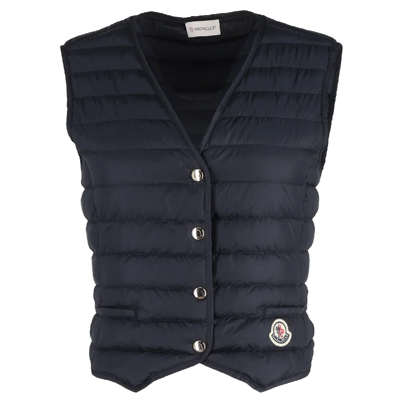 Moncler Camicia Logo Patch V-Neck Down Vest Jacket in Navy Blue Polyamide