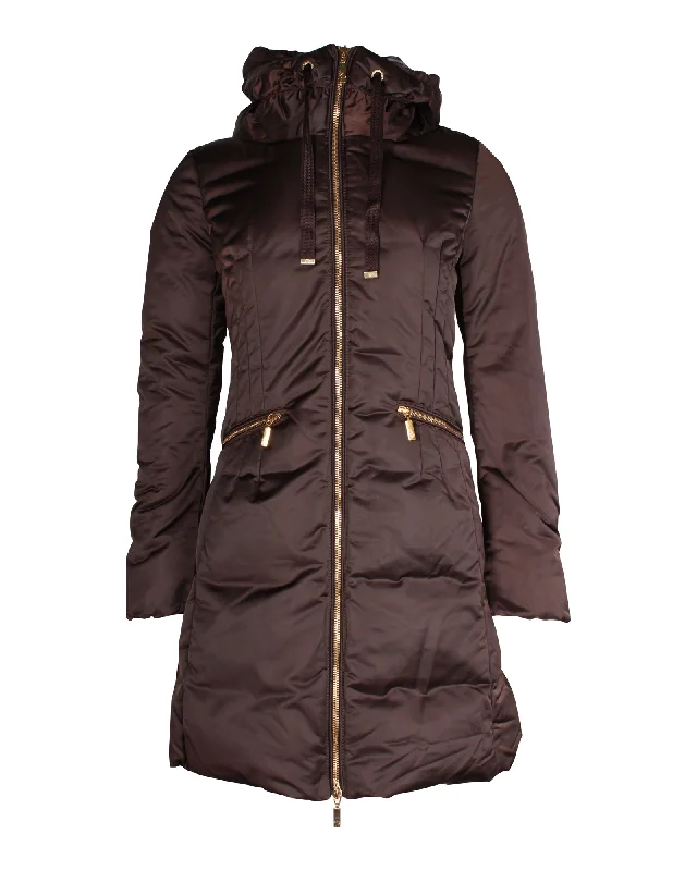 Moncler Puffed Long Coat in Brown Polyester