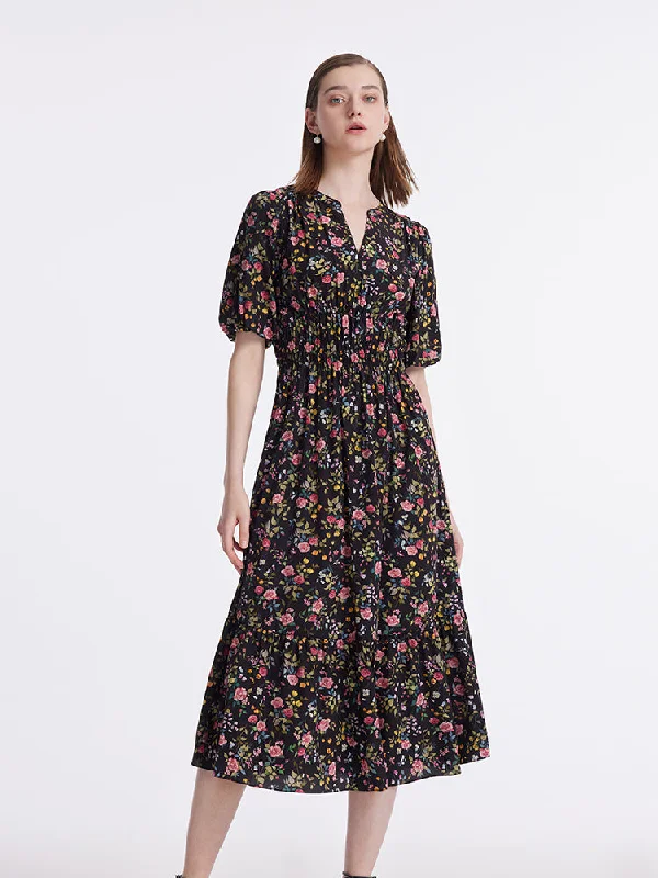 Mulberry Silk Rose Print V-Neck Puff Sleeves Women Midi Dress