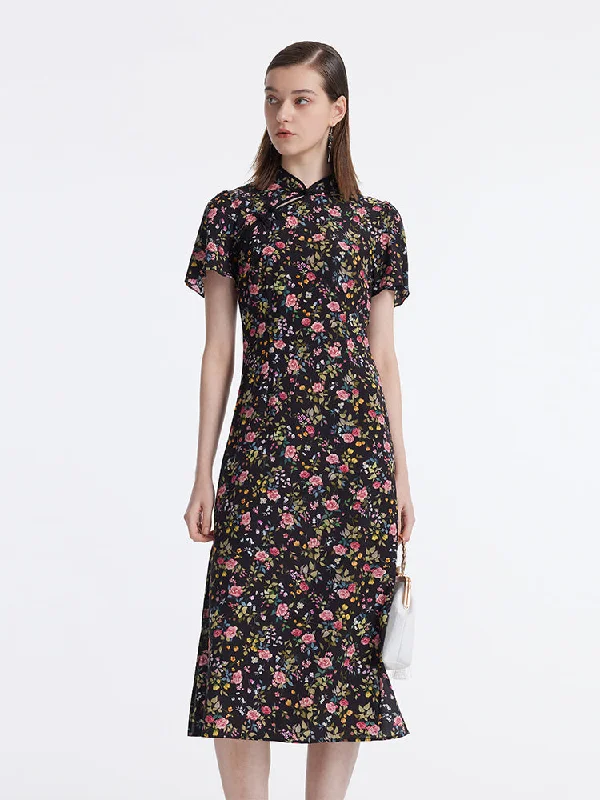 Mulberry Silk Slit Rose Print Women Qipao Midi Dress