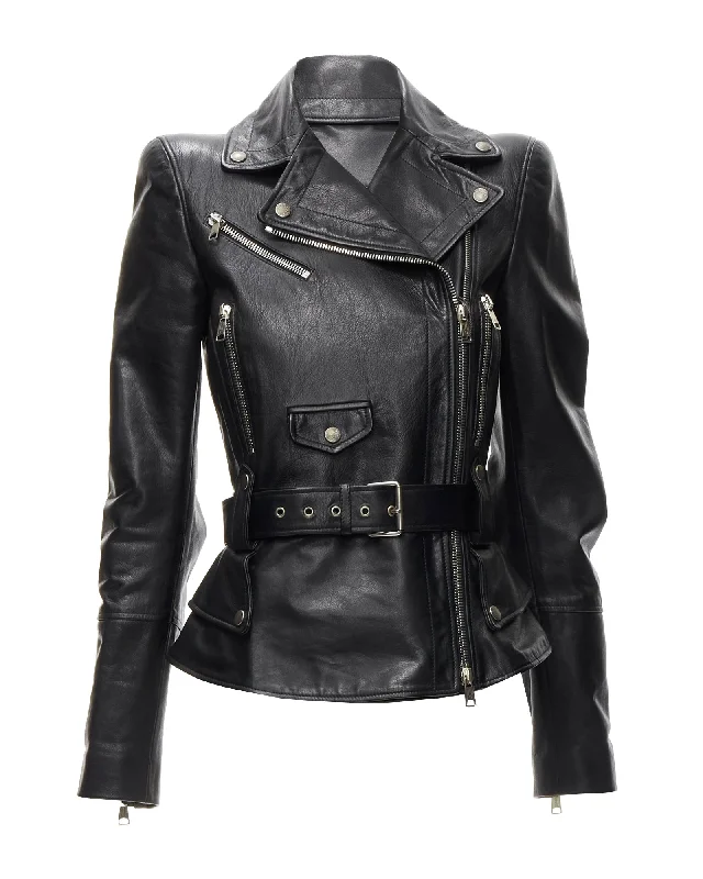 new ALEXANDER MCQUEEN 2010 black leather belted peplum biker jacket