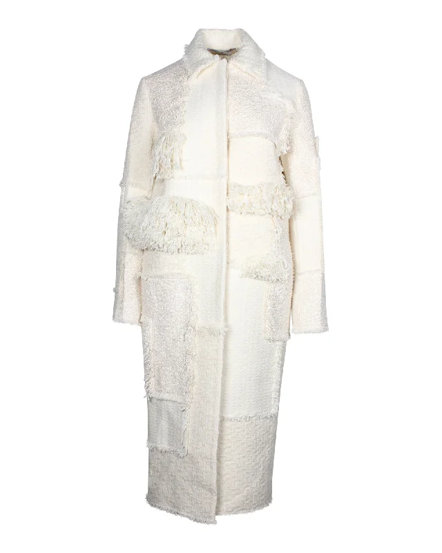 Nina Ricci Fringe Paneled Long Coat in Ecru Wool