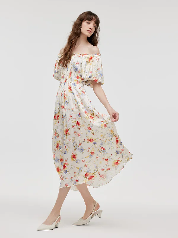 Rose Print Gathered Waist Women Maxi Dress