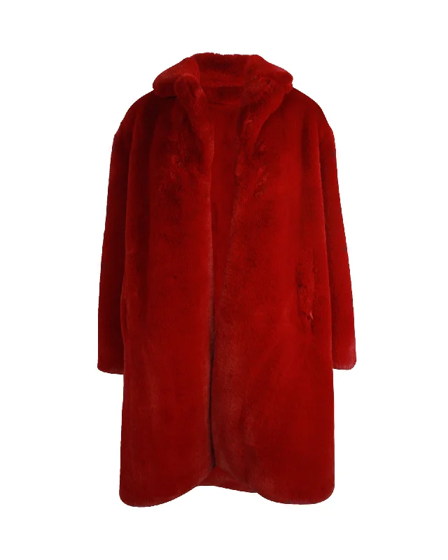 Sandro Thick Long Coat in Red Faux Fur Polyester