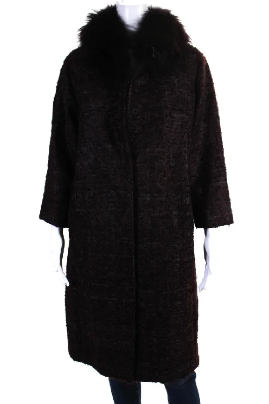 Shannon Mclean Womens Tweed Fur Trim Button Down Long Coat Dark Purple