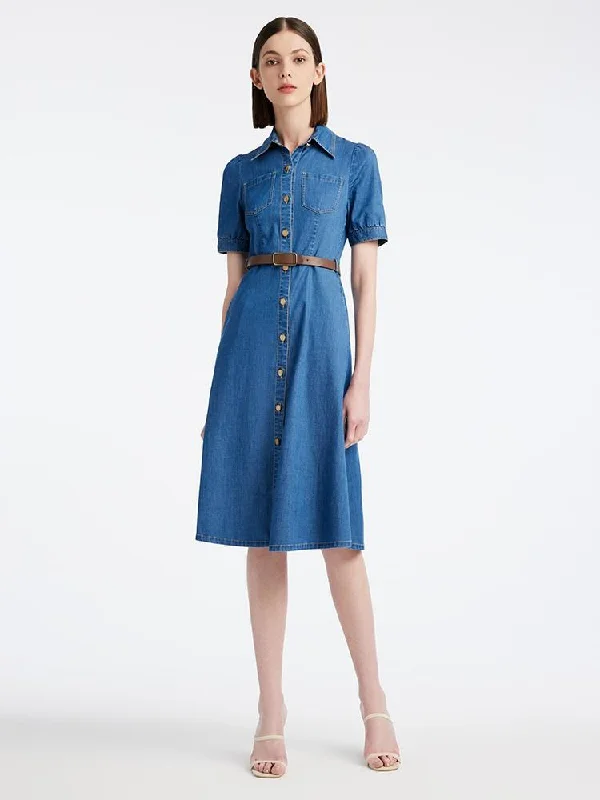 Tencel Denim Shirt Midi Collared Dress With Belt