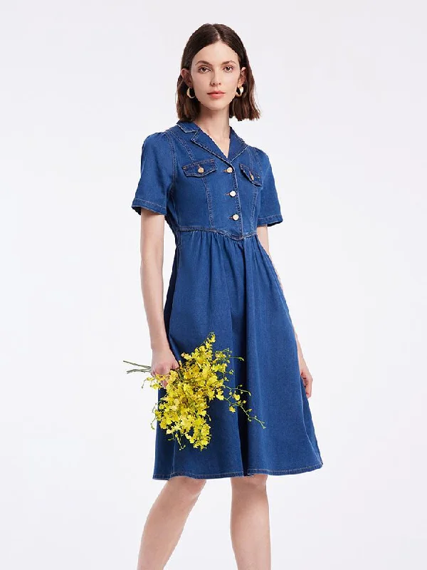 V-neck Gathered Waist Denim Midi Collared Dress