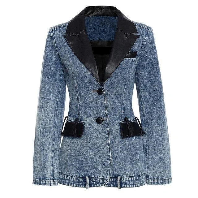 Streetwear Leather Collar Denim Blazer For Women