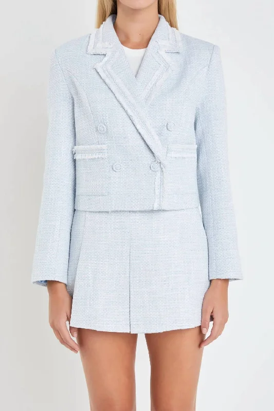 Tweed Double Breasted Blazer In Blue