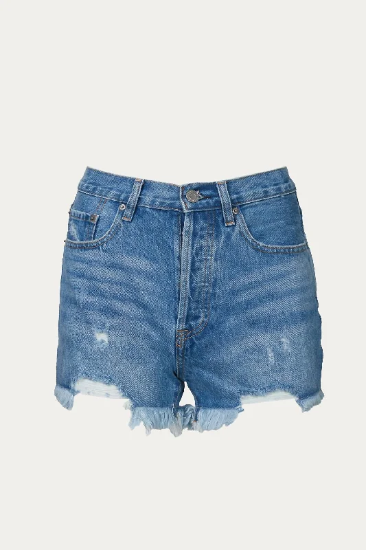 Frayed High-Rise Denim Short In Blue