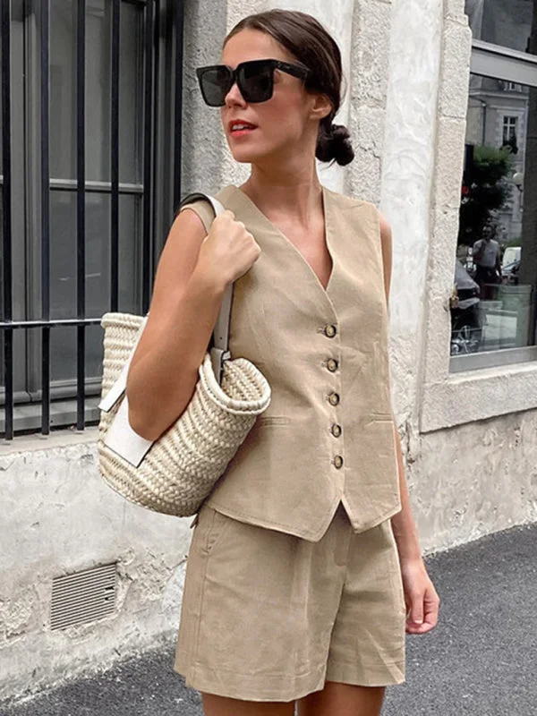 Women's Beige V-Neck Buttoned Up Sleeveless Top With Matching Shorts Set