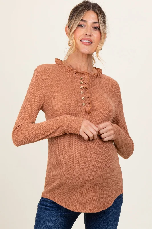 Camel Ruffle Collar Micro Waffle Knit Maternity Henley Top