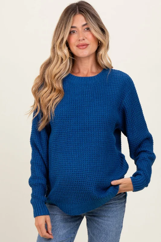 Dark Blue Waffle Knit Rounded Hem Maternity Sweater