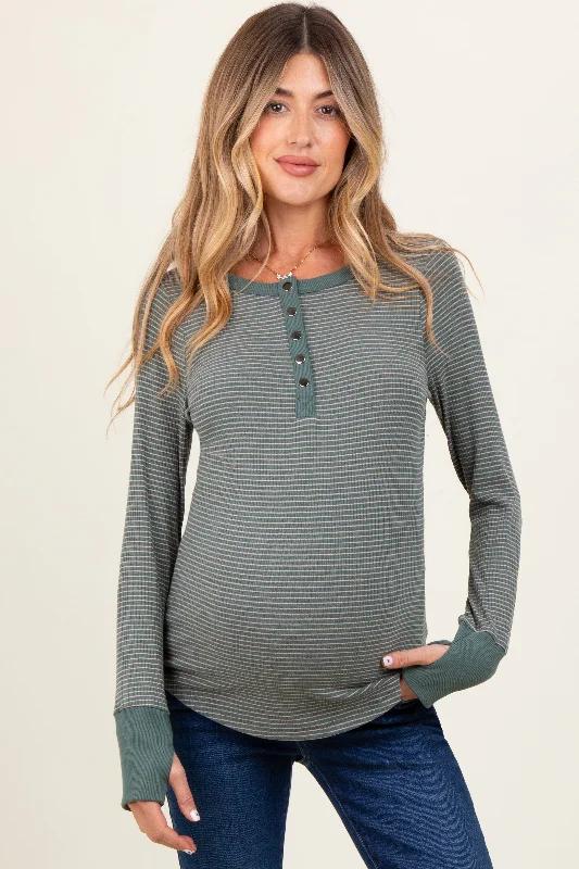 Forest Green Striped Snap Button Henley Maternity Top