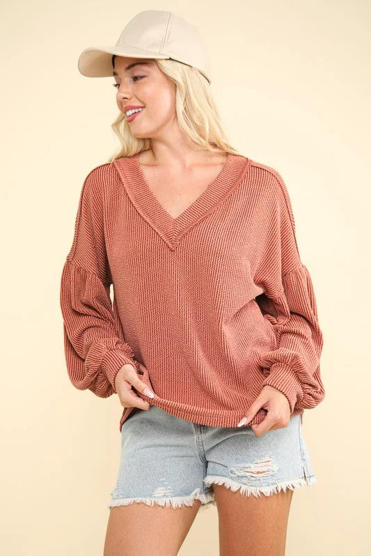 Lainey Two Tone Otto Ribbed V-Neck Oversized Knit Top