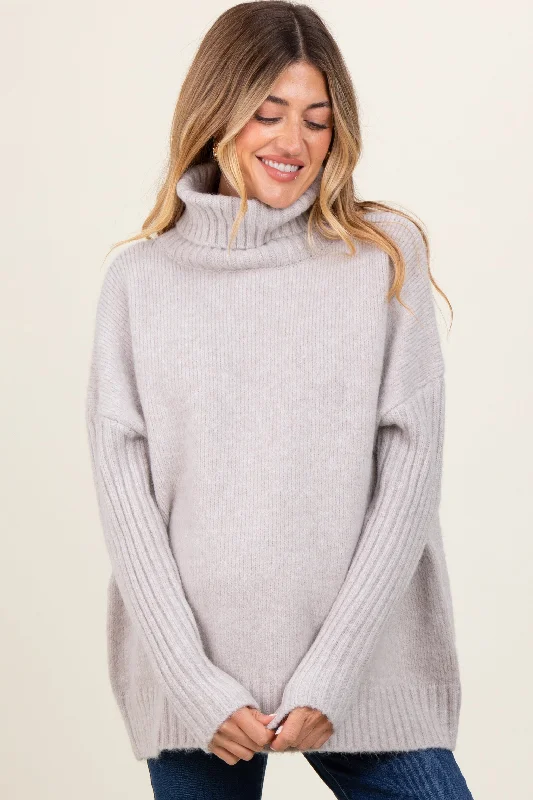 Light Grey Contrast Ribbed Knit Turtleneck Maternity Sweater