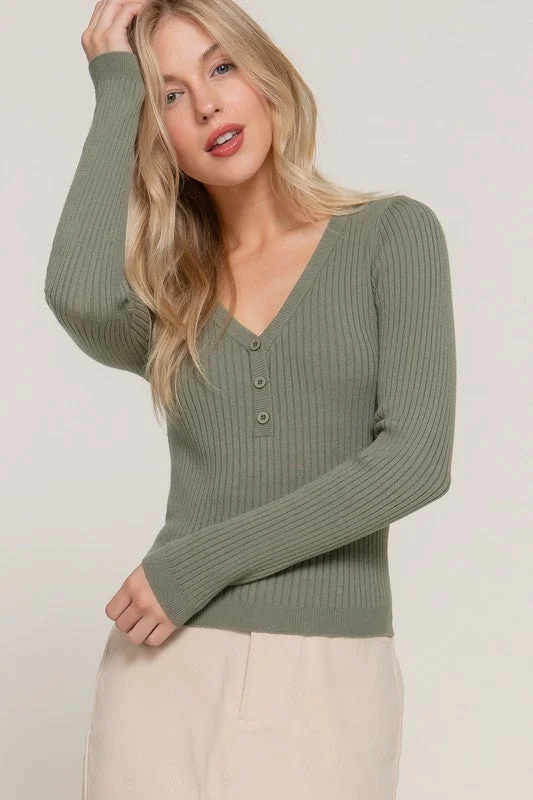 LORAINE LONG SLV BUTTON DOWN HENLEY V-NECK SWEATER TOP