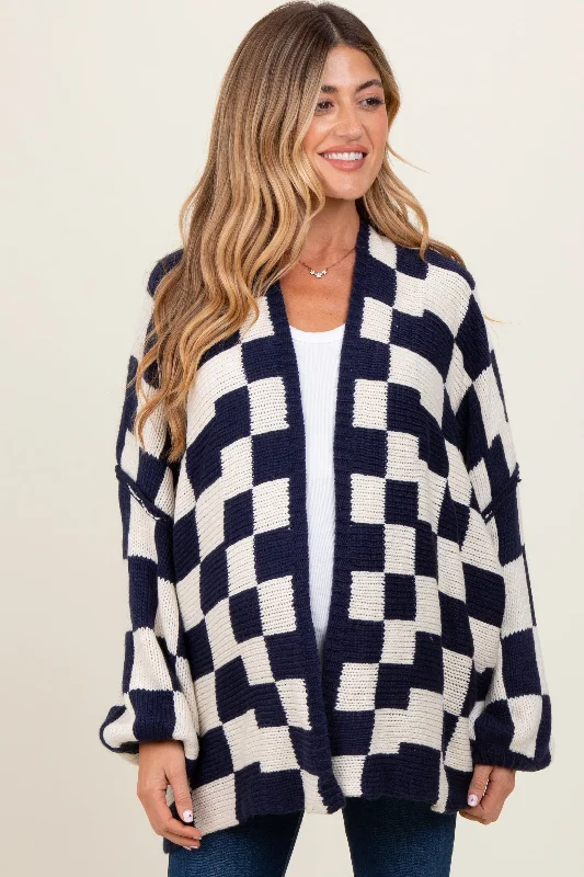 Navy Checkered Oversized Maternity Cardigan