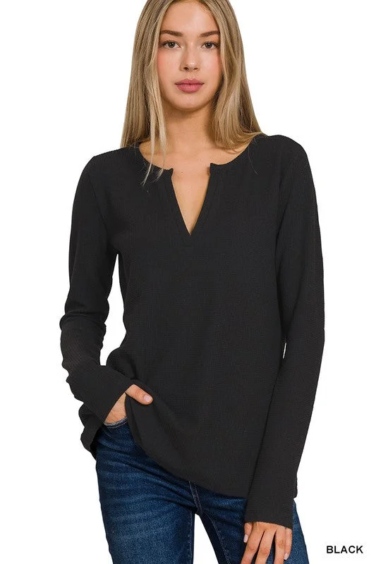 PALMER MELANGE BABY WAFFLE V-NECK LONG SLEEVE TOP S-XL