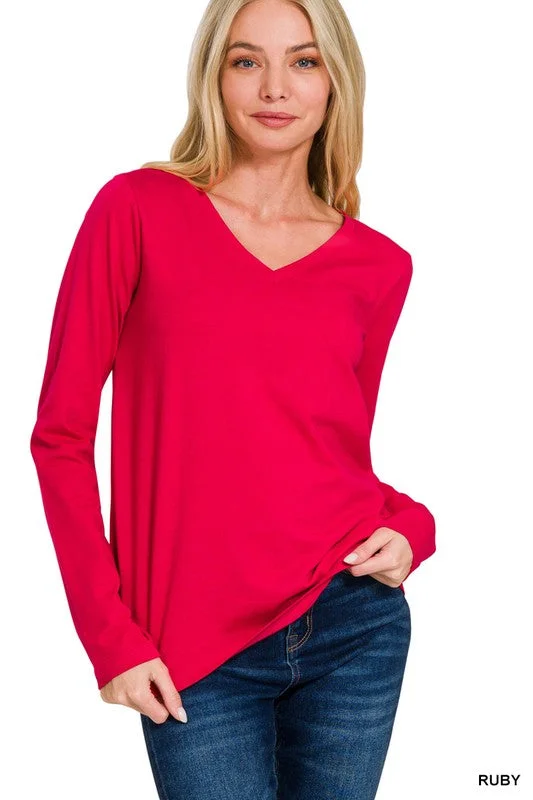 RUBY COTTON V-NECK LONG SLEEVE T-SHIRT S-XL