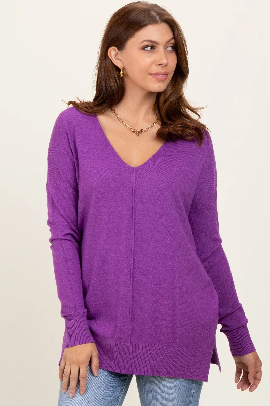 Violet Front Seam V-Neck Side Slit Sweater